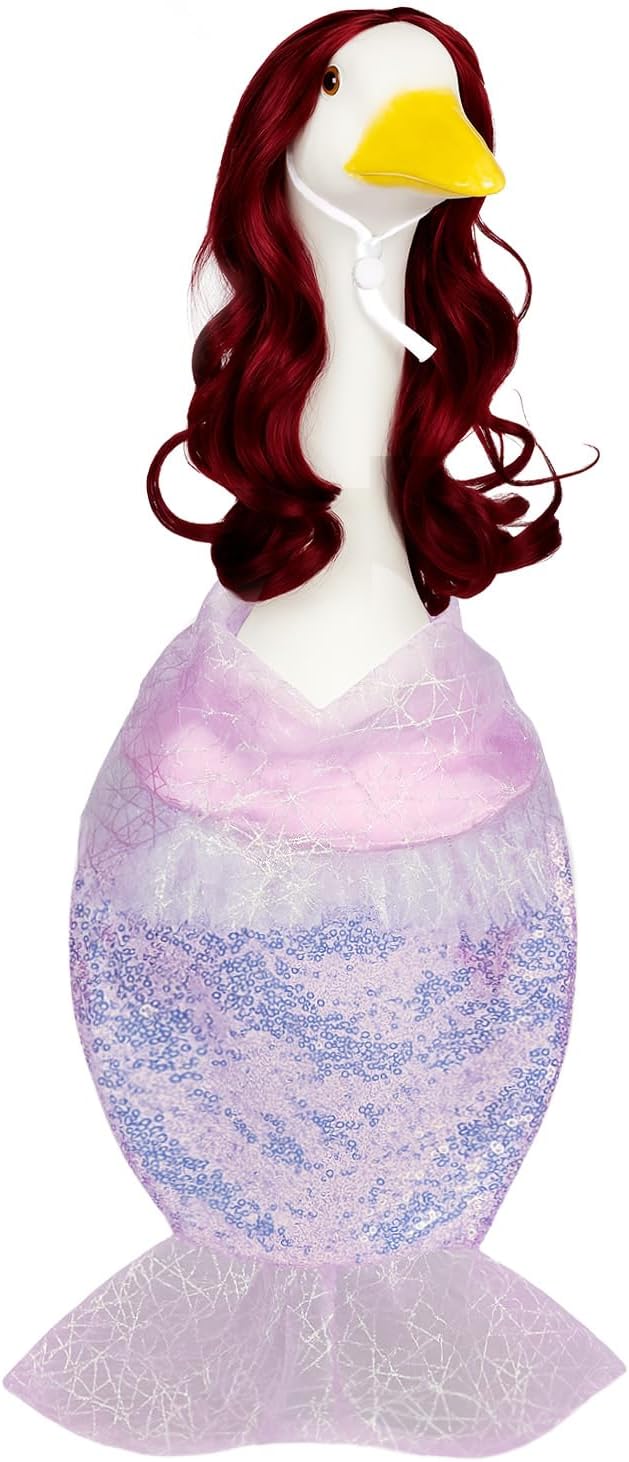 Mermaid Porch Goose Outfits with Red Wigs Colorful Mermaid Goose Costume for 23" Cute Porch Geese Statue Clothes for Summer Outdoor Patio Yard Lawn Decor