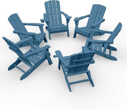Folding Adirondack Chair Wood Texture 6 Pack, HDPE All-Weather Fire Pit Chairs, Plastic Adirondack Chairs with 2 Cup Holder, Outdoor Lawn Chair for Patio Garden (Navy Blue)