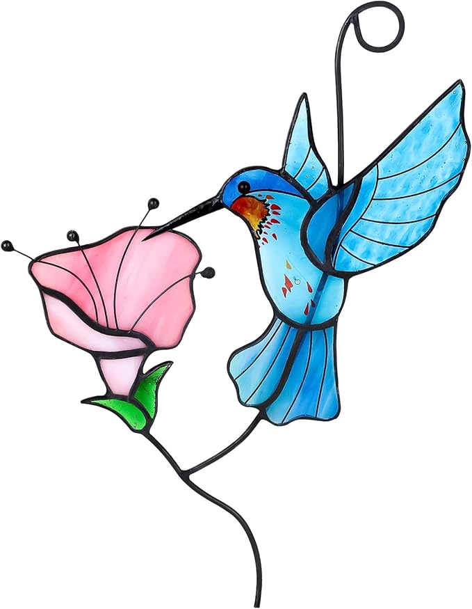 Handmade Stained Glass Hummingbird Suncatcher, Blue Bird with Pink Flower Window Hanging Decor, Art Glass Ornament, Unique Gifts for Mom, Bird Lovers & Home Decoration