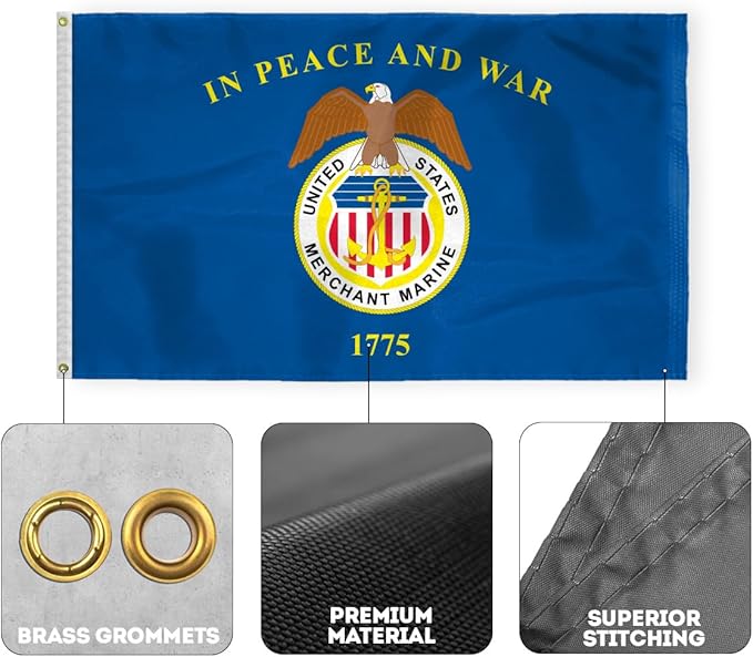 AGAS Large United States Merchant Marines Flag 4x6 Ft - Printed 200D Nylon Canvas Header Two Brass Grommets Big USA Merchant Marines Flag