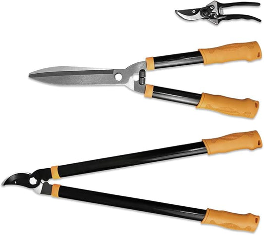 E&K Sunrise Set of 3 Pieces Garden Tree Tools for Lawn & Garden Care Garden Kit with Lopper, Hedge Shears and Pruner Shears, Tree & Shrub Care Kit