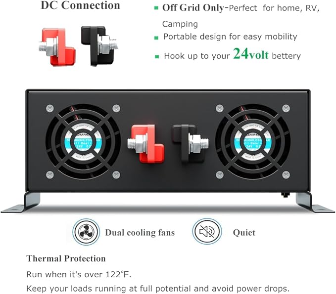 3000Watt Pure Sine Wave Power Inverter 24VDC to 120VAC 6000W Peak Built-in Soft Starter Dual AC Outlets 2× 2.4A USB Port &Hardwire Terminal Off-Grid Solar Converter RV Trucks (U5-300024)