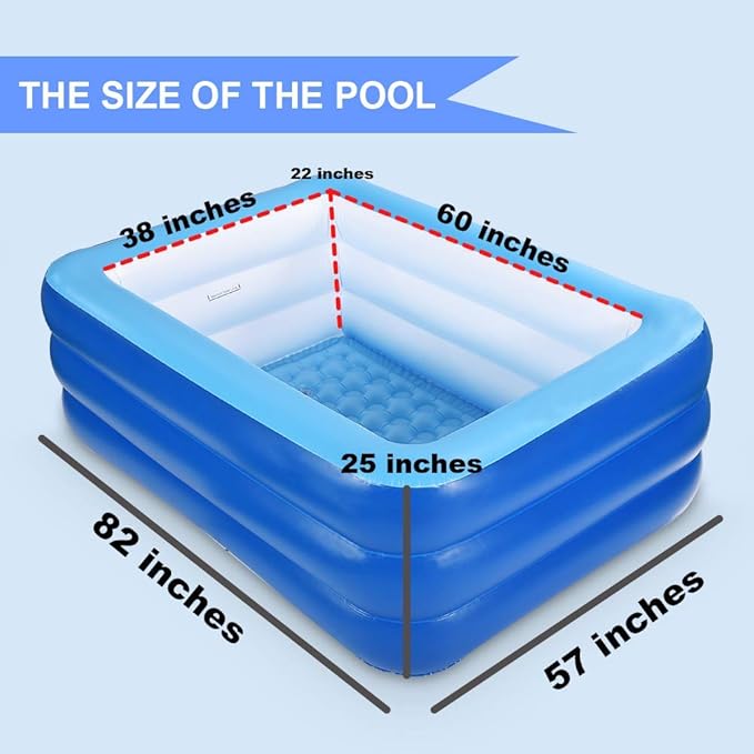 Inflatable Pools for Kids and Adults, 82" X 57" X 25" Kiddie Pools with Inflatable Soft Floor, Durable Family Swimming Pool for Backyard, Garden or Indoor (Blue)