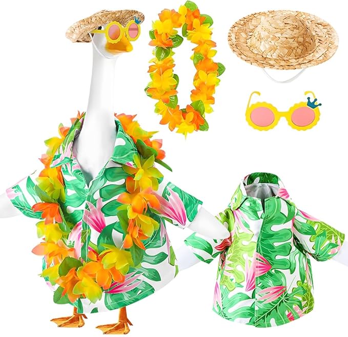 Hawaiian Porch Goose Outfits,2025 New Yard Goose Clothes Hawaiian Wreath with Straw Hat Glasses,4 Pcs/Set Summer Lawn Goose Costume,for 23" Statue Patio Garden Decoration