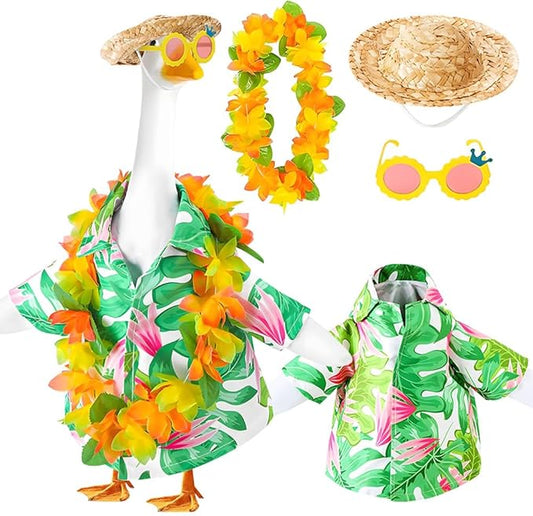 Hawaiian Porch Goose Outfits,2025 New Yard Goose Clothes Hawaiian Wreath with Straw Hat Glasses,4 Pcs/Set Summer Lawn Goose Costume,for 23" Statue Patio Garden Decoration