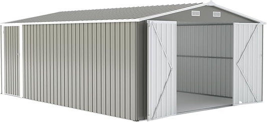 10x14 FT Outdoor Metal Storage Shed with Lockable Door, Steel Garden Utility Shed with Vents, Backyard Patio Tool Shed for Lawn Equipment, Bike, Firewood and Mower Storage, Light Gray