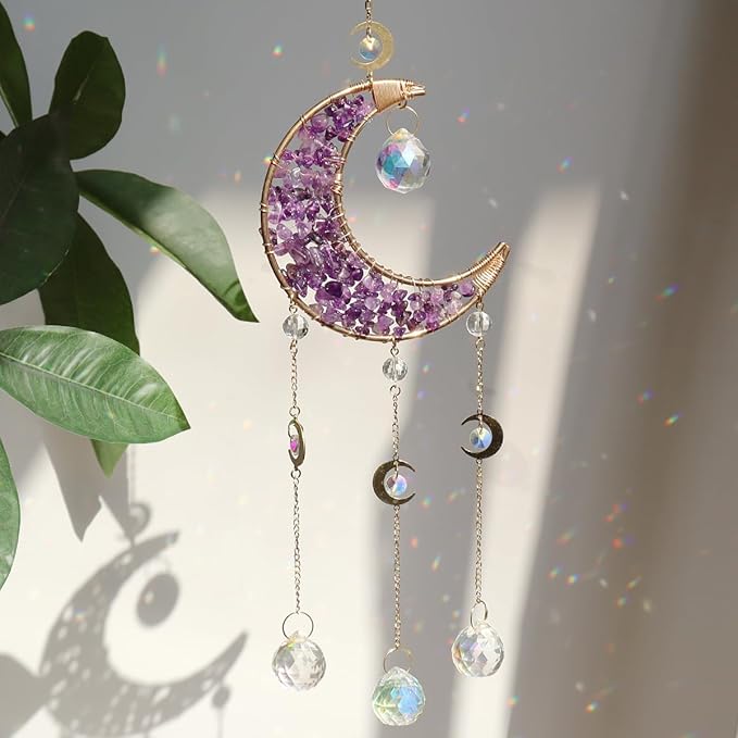 Moon Suncatcher Hanging Decor, Boho Chic Amethyst Crystal Sun Catcher, Spritual Sun Light Catcher for Windows, Crescent Moon Housewarming Gift (Amethsyt)