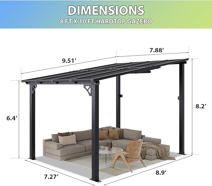 Aoxun 8'x10' Gazebo for Patio, Premium Pergola with Sloped Roof, Large Wall-Mounted Heavy Duty Awnings, for Backyard, Patio, Deck and More (Gray Polycarbonate Panel)