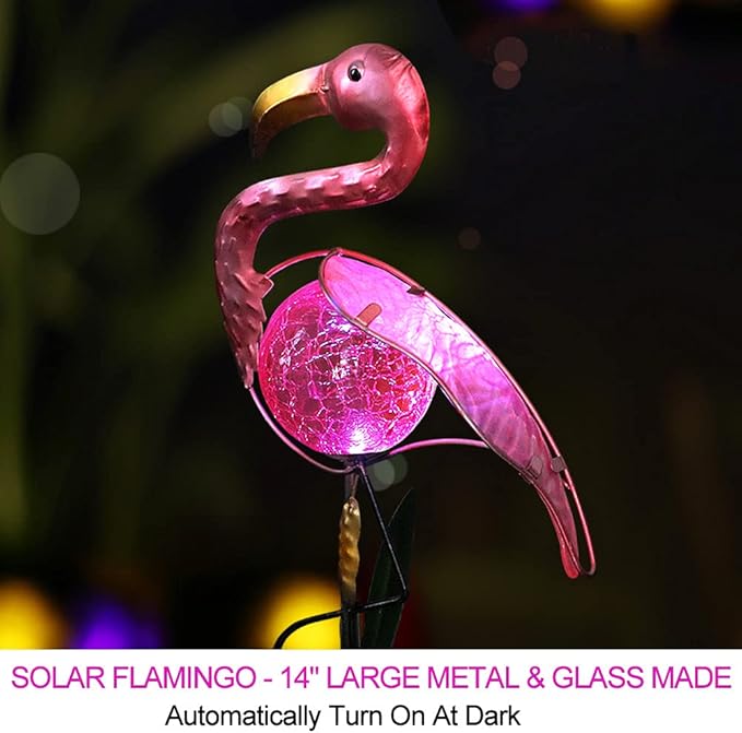 Bright Zeal 14" Big Metal Outdoor Solar Lights Waterproof Flamingo Garden LED Stake Light - Solar Pink Flamingos Yard Ornaments - Stake Lights Yard Decor Metal Yard Art