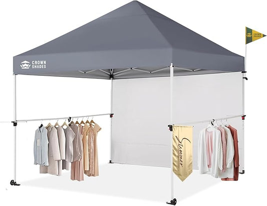 CROWN SHADES 10x10 Pop Up Canopy Tent with 1 Comercial Kit, Instant Commercial Tent with Patended Centerlock, 400D Silver Coated Fabric, 1 Sidewall, 4" Wheels, Sto'N Go Bag,Grey