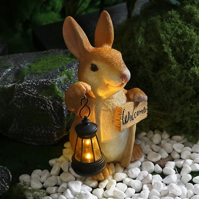 Solar Rabbit Garden Statue with Welcome Sign, Solar Rabbit Welcome Light Decor, Bunny Statues, Garden Decor for Patio Lawn Yard