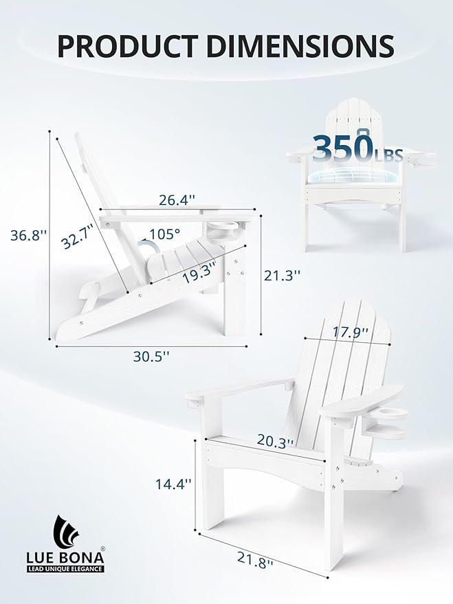 LUE BONA HDPE Adirondack Chairs Set of 2,Plastic Adirondack Chairs with Cup Holder Weather Resistant for Outdoor, Patio, Lawn, Garden, Backyard Deck, Fire Pit, White