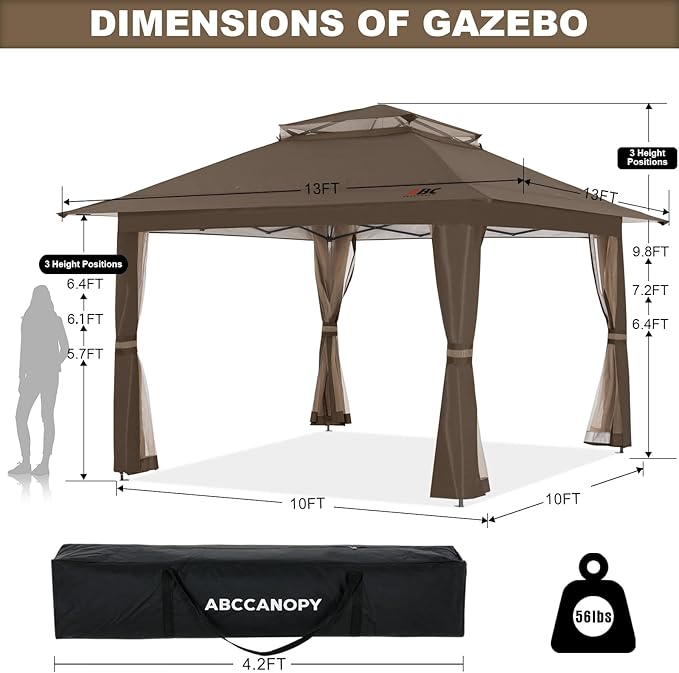 ABCCANOPY 13x13 Pop Up Gazebo, Outdoor Canopy Tent, Instant Screened Shelter with Mosquito Netting for Patio, Garden, Backyard, Party, Camping (Brown)