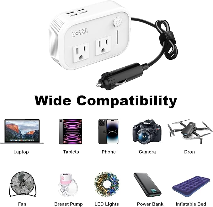 200W Car Power Inverter, FOVAL 12V DC to 110V AC Car Inverte with 4 USB Ports Car Outlet Adapter, Power Inverter for Vehicles, Car Plug Adapter Outlet for Laptop Computer Charger (White)