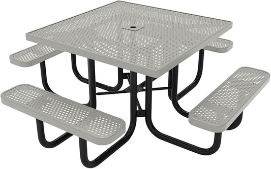 COATEDOUTDOORFURNITURE Heavy-Duty Portable Outdoor Picnic Table with Umbrella Hole, Punched Steel Commercial-Grade Patio Dining Furniture Made in America (46" Square Top, Textured Grey)