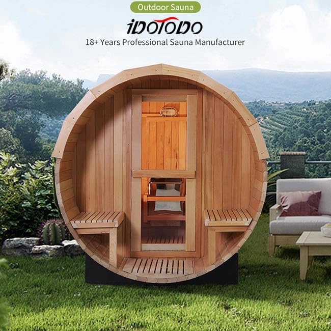 Outdoor Barrel Sauna, 6 Person Wood Steam Saunas Room with Porch, 6kw Toule Electric Heater with Sauna Stone, Canadian Helmock, Roof, 94.48”*70.86“*70.86“ (Helmock)
