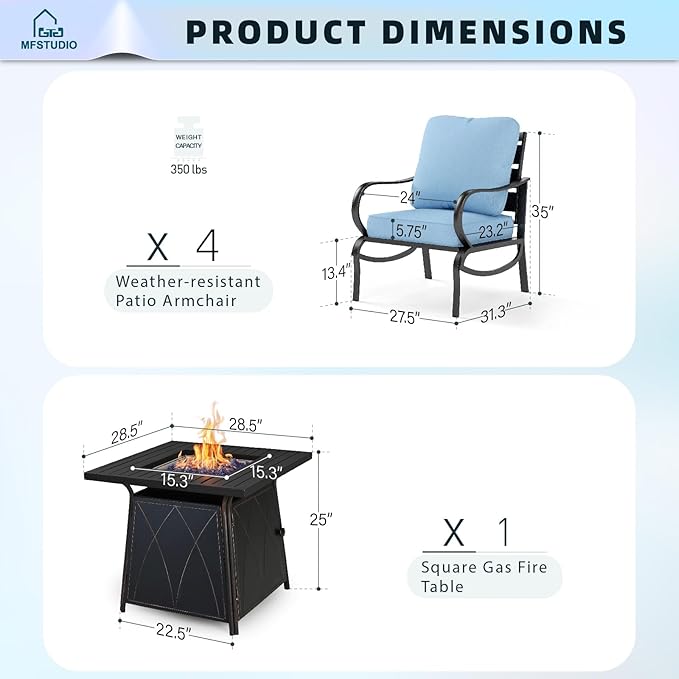 MFSTUDIO 5 Pieces Patio Conversation Sets, Outdoor Metal Furniture Sofas with 1 x 28 50,000 BTU Square Propane Fire Table and 4 x Wrought Iron Frame Sofa Chairs with Blue Cushion