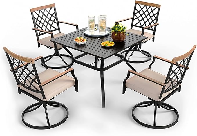 PHI VILLA 5-Piece Outdoor Dining Set, 4 Steel Metal Swivel Patio Chairs & 1 Square Dining Table, Wood-Like Pattern Armrest