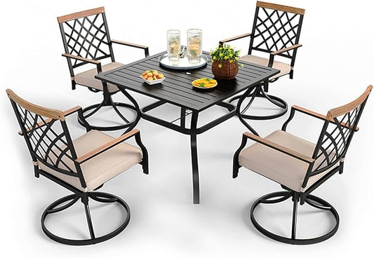 PHI VILLA 5-Piece Outdoor Dining Set, 4 Steel Metal Swivel Patio Chairs & 1 Square Dining Table, Wood-Like Pattern Armrest