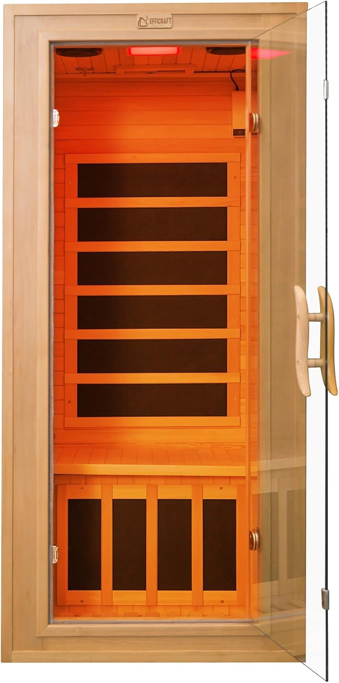 Infrared Sauna 1 Person 7 Heating Panels Hemlock Wooden Home Sauna 1350W, Dry Sauna for Home Spa Room, Time Temp Pre-Set Sauna Room, Mini Personal Far Infrared Saunas for Home