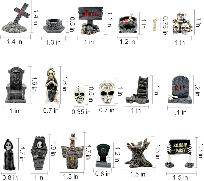 Halloween Miniature Figurines - 18Pcs Resin Ghost Tombstones Skull Heads Scene Ornaments Halloween Garden Accessories Mini Figurine Decorations for Outdoor Statues Home Village Crafts Decor