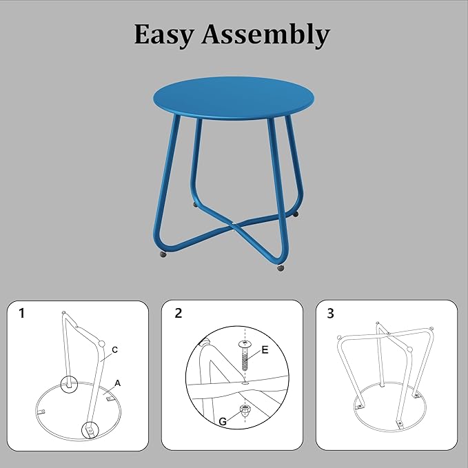 Patio Side Table, Round Metal Steel Weather Resistant Portable Patio Table， Outdoor and Indoor Patio Small Table for Garden Balcony Yard, Peacock Blue