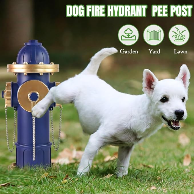 Dog Fire Hydrant Puppy Pee Training Post Garden Statue, Blue & Gold Fire Hydrant Outdoor Figurines Decor for Yard Garden Lawn Patio, 14 Inches (H) *6.5 Inches(W)