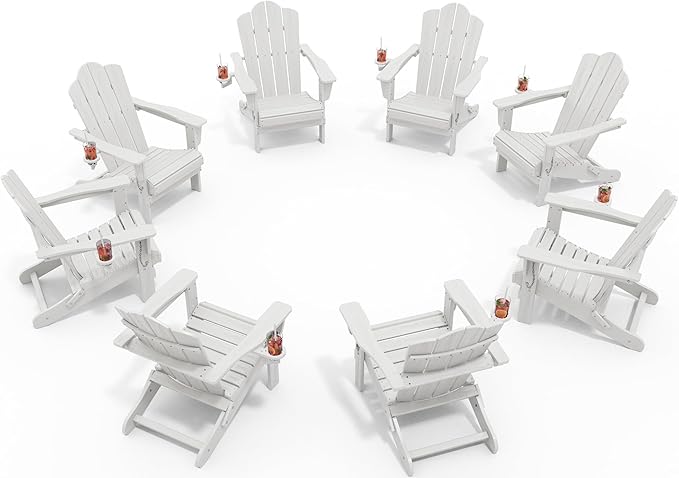 KINGYES Folding Adirondack Chair Set of 8, HDPE All-Weather Patio Chairs with Cup Holder, Wooden Textured Fire Pit Chairs for Poolside, Backyard, Deck, White