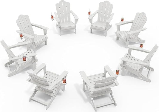 KINGYES Folding Adirondack Chair Set of 8, HDPE All-Weather Patio Chairs with Cup Holder, Wooden Textured Fire Pit Chairs for Poolside, Backyard, Deck, White