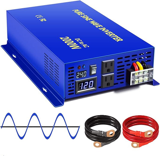 2000 Watt Pure Sine Wave Inverter 24V DC to 110v 120V AC, 2000W Car Power Invert Surge 4000W Power Converter for Solar System. (2000W 24V 120V) Blue