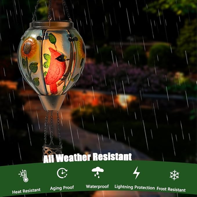 Hot Air Balloon Solar Lantern - Cardinal Bird Glass Lantern, Simulated Flickering & Dancing Flame, Outdoor Hanging Yard Light Waterproof IP65 for Patio Lawn Porch Decor Gift
