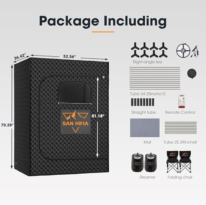 SAN HIMA Portable Sauna for Home - 2 Person Steam Sauna Box at Home Spa with 3L 1500W Steamer, 9 Levels Heat, 90 Minute Timer, Foldable Chair, Remote Control for Indoor Outdoor