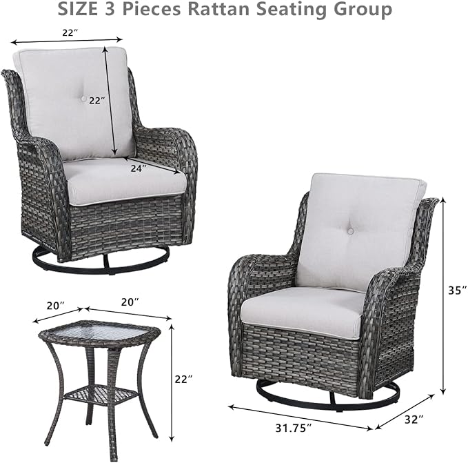 HUMMUH 5 Piece Outdoor Patio Furniture Set Wicker Conversation Bistro Set Swivel Rocking Chairs with Side Table and Ottomans for Backyard, Porch, Balcony