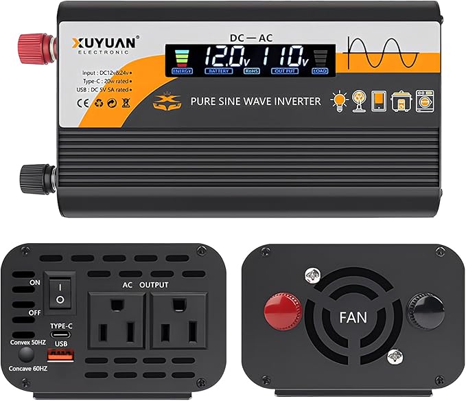 500W Pure Sine Wave Inverter (1000W Peak), 12V/24V Auto-Detect, 50Hz/60Hz Switchable, LCD Display, Type-C Fast Charging, Silent Design, Overload & Overheat Protection for RV, Home (Black-500W)