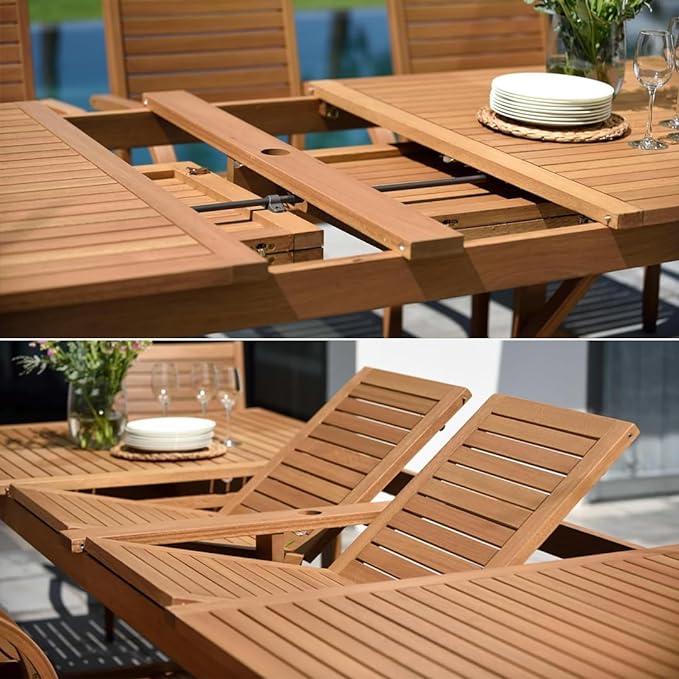 Amazonia Jefferson 13-Piece Patio Extendable Dining Table Set | Light Wicker Chairs | Ideal for Outdoors and Indoors, Brown-Teak Finish