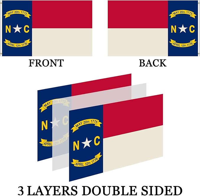 North Carolina State Flag 3x5 Double Sided- 3Ply 240D 4 Rows Stitched- North Carolina Republic Flag- UV Fade Resistant With Canvas Header & 2 Brass Grommets- Double Sided North Canrolina Sates Flags