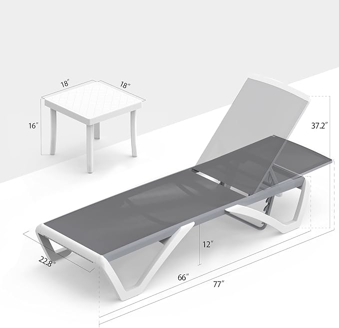 Domi Patio Chaise Lounge Chair Set of 3,Outdoor Aluminum Polypropylene Sunbathing Chair with Adjustable Backrest,Arm,Side Table,for Beach,Yard,Balcony,Poolside(2 Grey Chairs W/Table)
