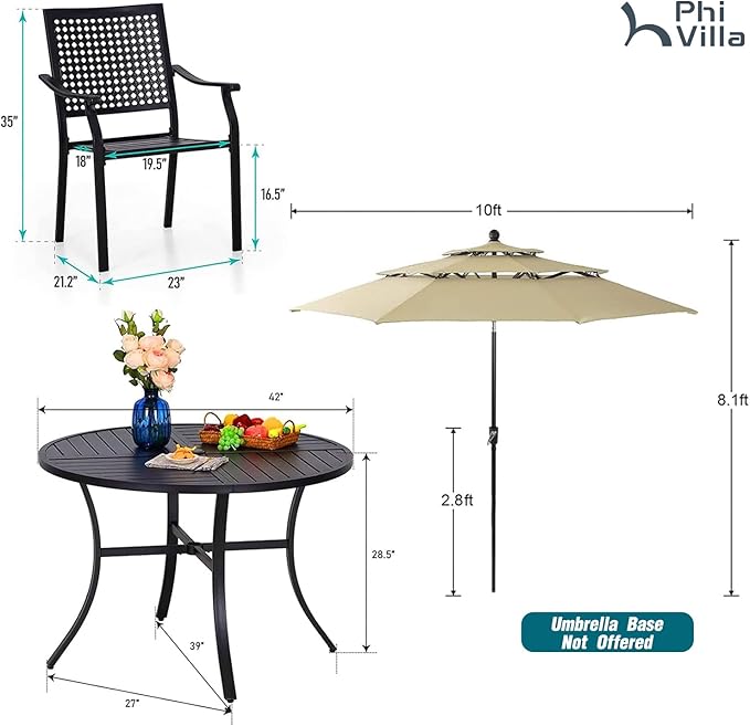PHI VILLA 5-Piece Patio Dining Set for 4 with 10ft Umbrella, Metal Circle Table & Wrought Iron Stackable Chairs, 3-Tier Vented Beige Umbrella