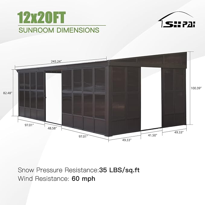 12'x20' Lean to Sunroom, All Weather Wall Mounted Sun Room, Hardtop Aluminum Solarium Gazebo with Galvanized Steel Roof, 3 Sliding Doors, PVC Screen, Outdoor Enclosed Sun Room for Patio, Deck