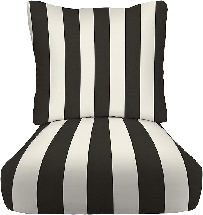 RSH DECOR Deep Seating Cushion with Pillow Back | 22” x 25” x 5" Seat | Water and Fade-Resistant Spun Fabric | Made in USA | Outdoor Chair Cushion Set for Patio Furniture (Black & White Stripe)