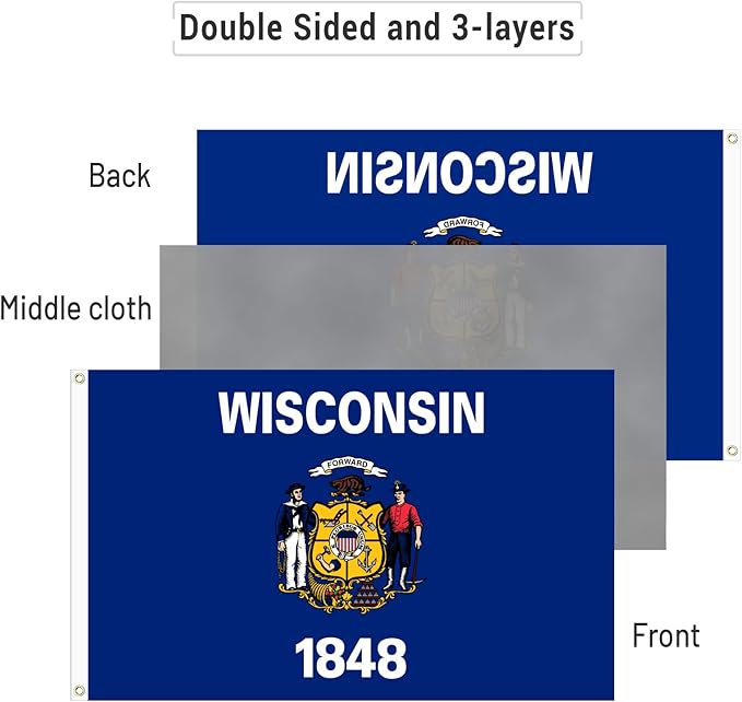 AMZFLAG Wisconsin State Flag 3x5 ft Outdoor, Heavy Duty 3 Ply Polyester WI Wisconsin Flags with 2 Brass Grommets, Patriotic Double Sided State of Wisconsin Flag for Outside