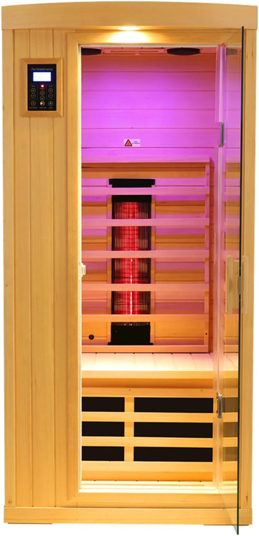 Ceramic Infrared Sauna 1 Person, Low EMF FAR Infrared Indoor Sauna for Home, 1300w Canadian Hemlock Wood Saunas with 6 Heating Panels, Blue-Tooth Control, LCD Display, LED Reading Lamp