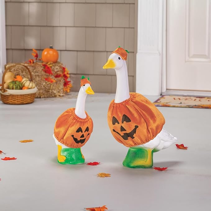 Fox Valley Traders Gaggleville Goose Pumpkin Bundle, Includes One Large 23" White Goose, One Baby 17" White Goose and Two Outfits - One Baby & One Large Pumpkin Goose Outfit Included