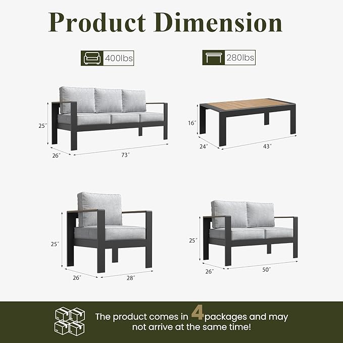 LayinSun 5 Piece Aluminum Outdoor Furniture Set with Coffee Table, Outside Patio Deep Seating Conversation Set with Upgraded Washable Thick Cushion