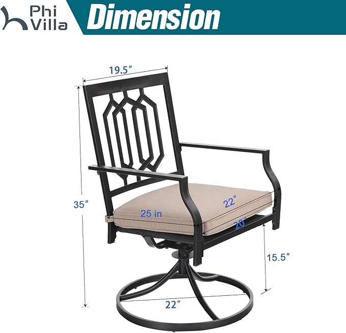 PHI VILLA Outdoor Metal Swivel Chairs Set of 2 Patio Dining Rocker Chair with Cushion Furniture Set for Garden Backyard Bistro, Black