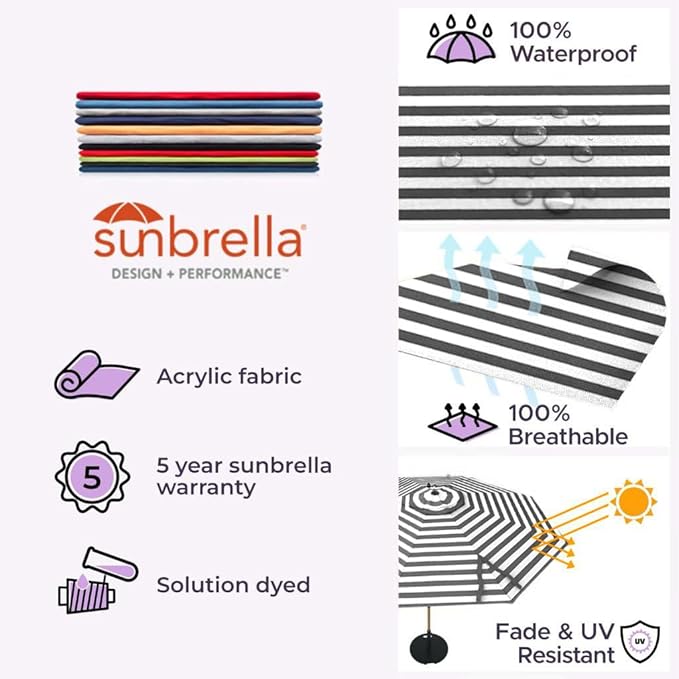 Midtown Umbrellas Push Pop Sunbrella Umbrella 10 Feet Large Outdoor Umbrella With Black & White Acrylic Fabric - Deck Patio Umbrella, Backyard Umbrella, Garden Umbrella & Pool Umbrella - Black Pole