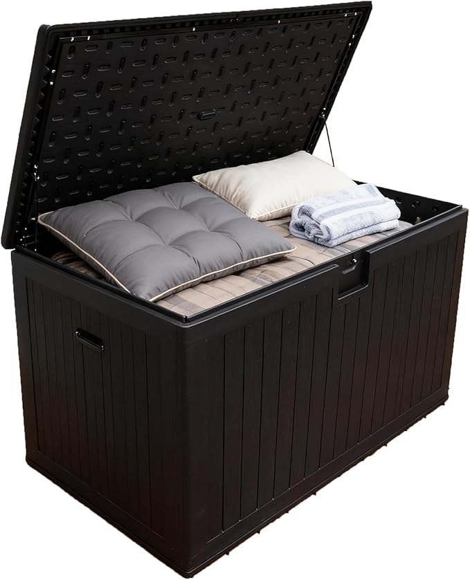 230 Gallon Outdoor Storage Box Waterproof, Extra Large Plastic Outside Deck Box Weatherproof, Resin Patio Storage Bin with Lock and Lids for Pool Equipment, Cushion, Black