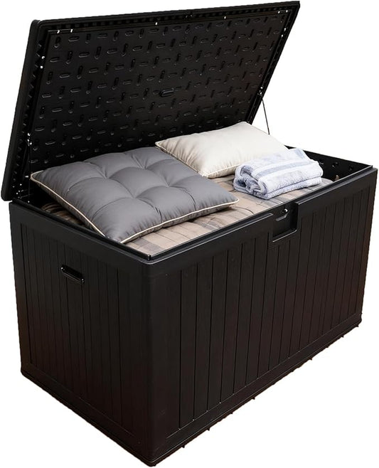 230 Gallon Outdoor Storage Box Waterproof, Extra Large Plastic Outside Deck Box Weatherproof, Resin Patio Storage Bin with Lock and Lids for Pool Equipment, Cushion, Black