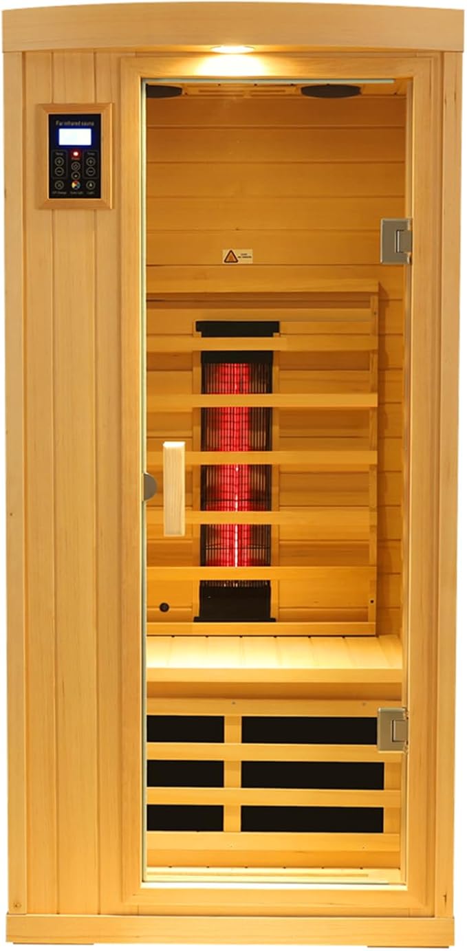 Ceramic Infrared Sauna 1 Person, Low EMF FAR Infrared Indoor Sauna for Home, 1300w Canadian Hemlock Wood Saunas with 6 Heating Panels, Blue-Tooth Control, LCD Display, LED Reading Lamp