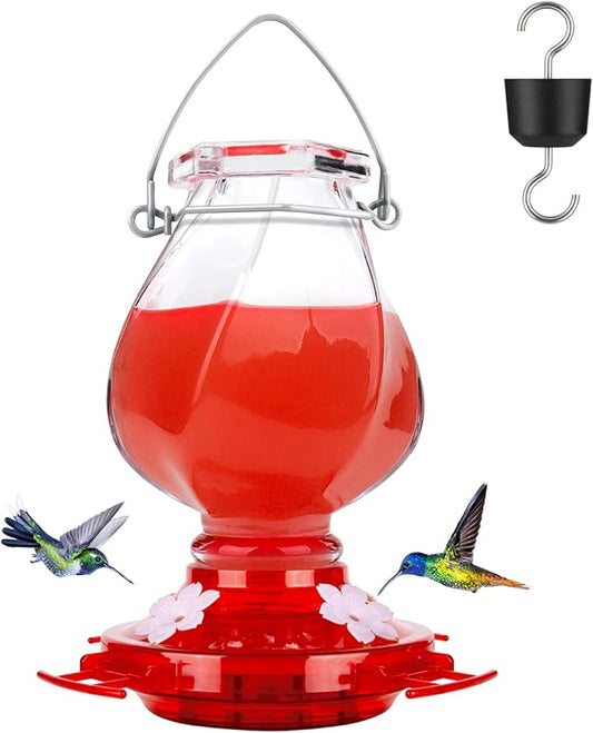 Hummingbird Feeder, BOLITE Glass Hummingbird Feeders for Outdoors Hanging, with Ant Moat and 4 Bee Guard Feeding Ports, 22oz, Leak Proof, Clear & Red